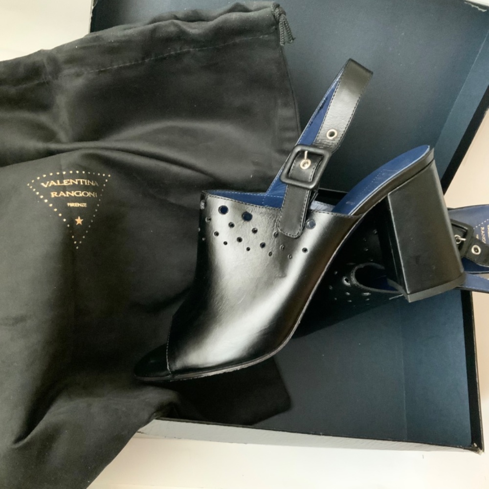 VALENTINA RANGONI Carmine Block Heel Peep Toe Mule Black Leather Heeled Sandals - Picture 7 of 11